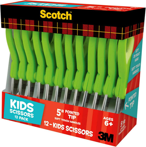 Scotch 5" Soft Touch Pointed Tip Kids Scissors, 12 Count Teacher's Pack