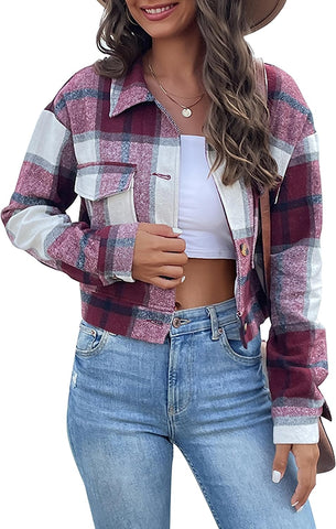 Women's Flannel Cropped Plaid Shacket Jacket Button Up Fall Jacket