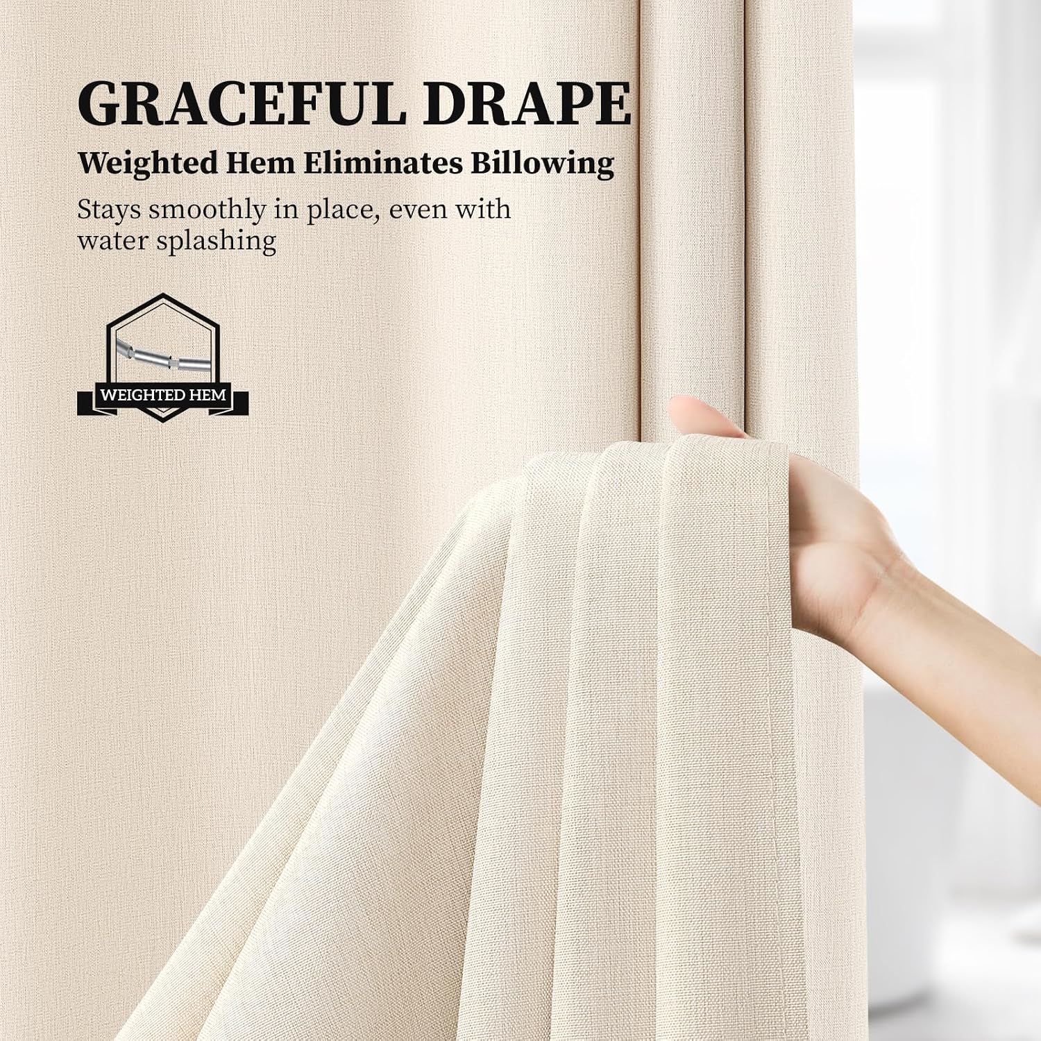 BTTN Beige Linen Textured Waterproof Cloth Shower Curtain Set, 72x72, Cream