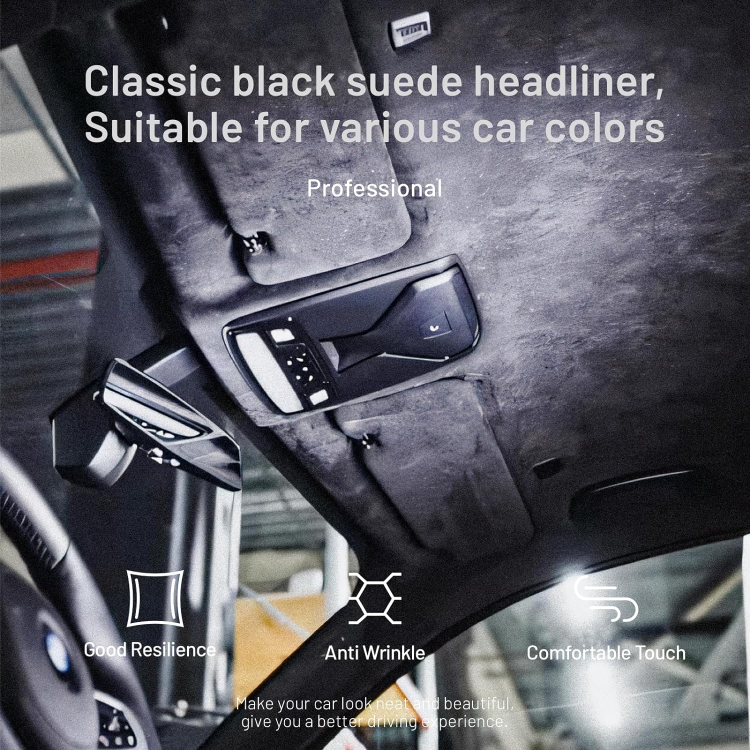 Hiksuky Suede Auto Headliner Fabric 36" L × 60" W with Foam Backing - Black Interior Replacement Material for Car/Truck/SUV/RV Roof, Tube Packaging - Home Repair/DIY Headliner Material