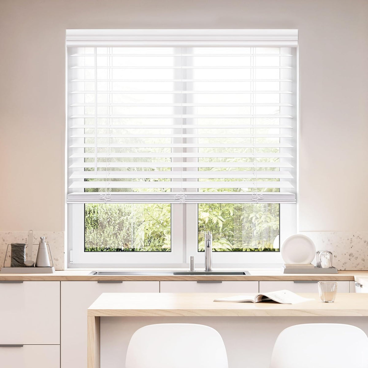 DEZ FURNISHINGS Cordless 2" Faux Wood Blind, 38" W x 64" H, White