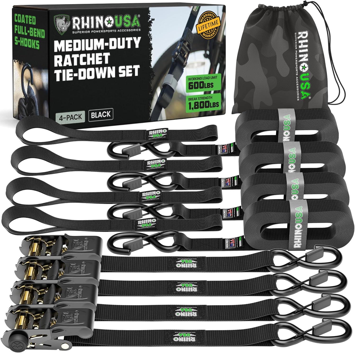 Rhino USA Ratchet Straps Tie Downs (4-Pack) - 1in x 15ft with S Hooks