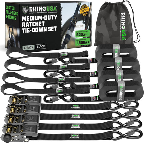 Rhino USA Ratchet Straps Tie Downs (4-Pack) - 1in x 15ft with S Hooks