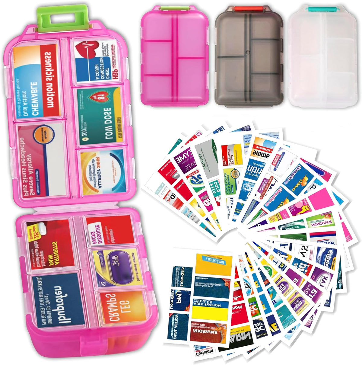 3 Pack Large Pill Organizers with Medicine Labels, Pink White Grey