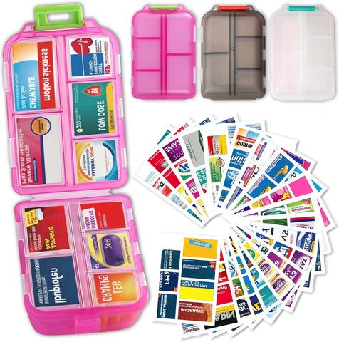 3 Pack Large Pill Organizers with Medicine Labels, Pink White Grey