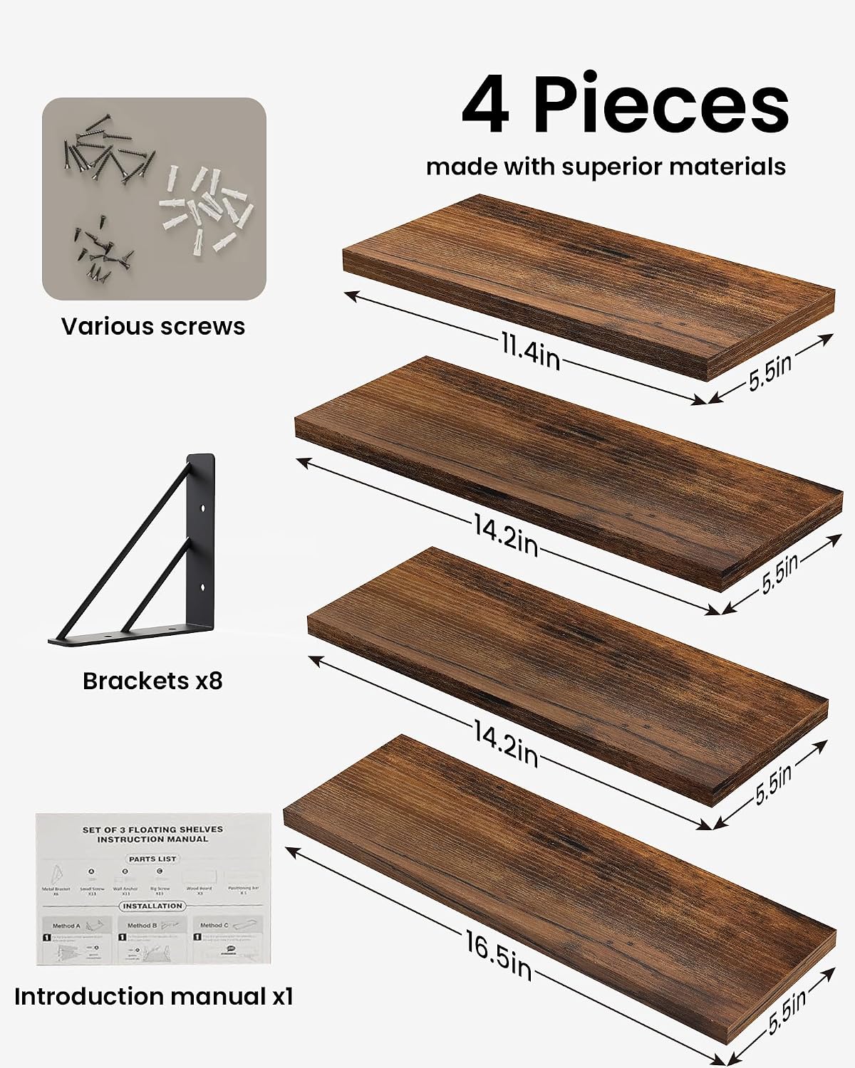 BAYKA Wall Mounted Floating Shelves (Rustic Brown, Set of 4, 16" Mixed)