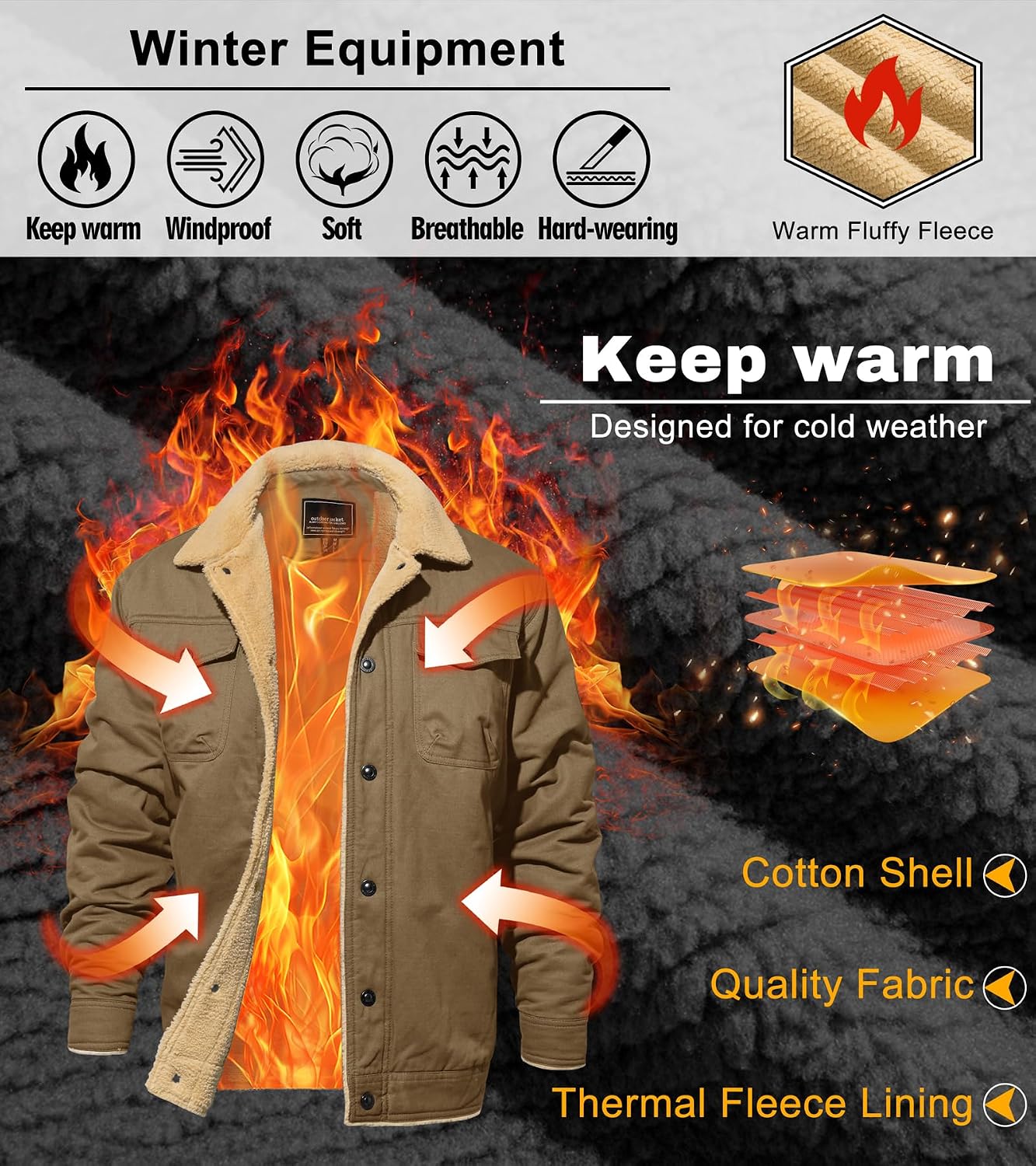 EKLENTSON Mens Winter Fleece Cotton Casual Work Cargo Jacket Pocket