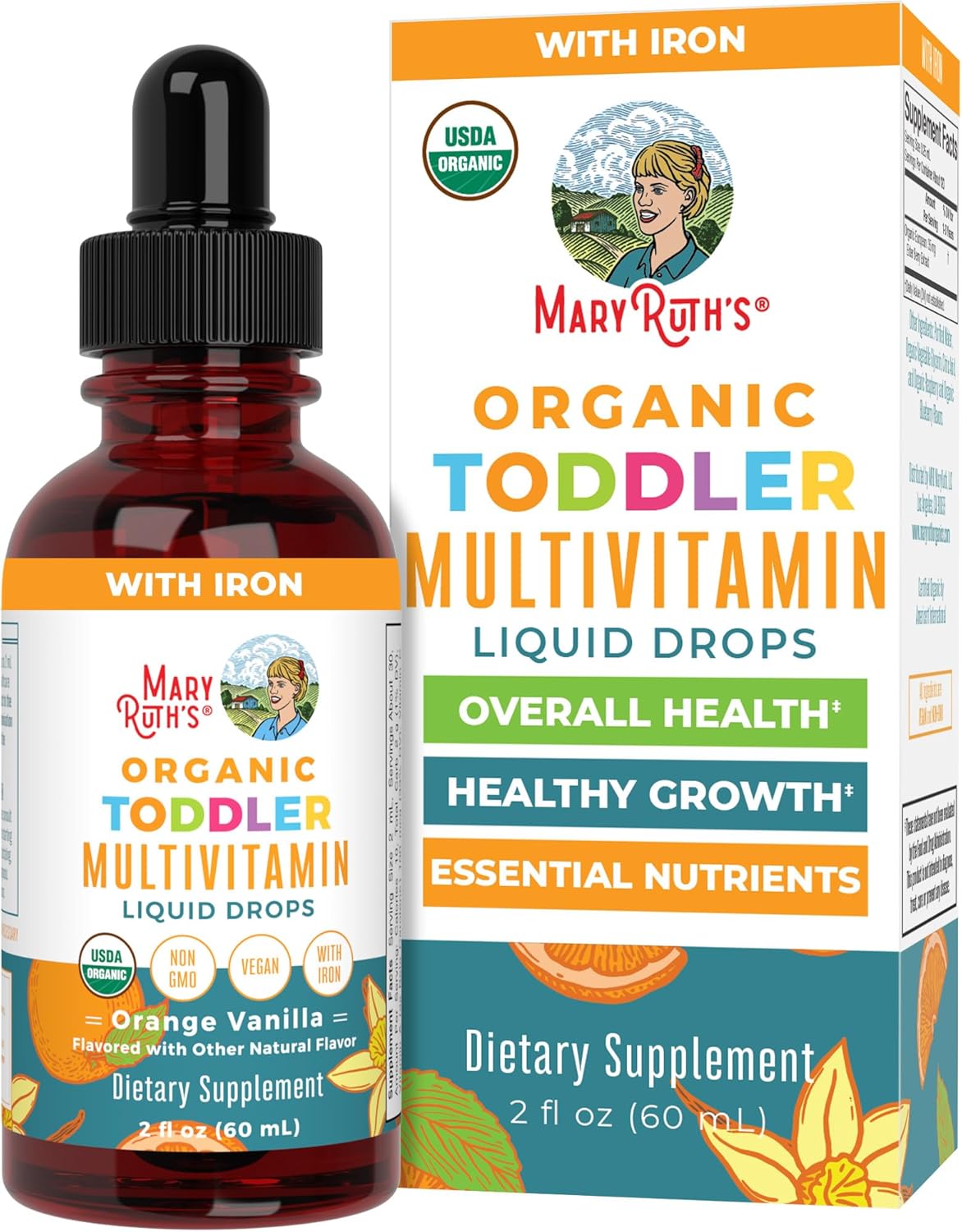 MARYRUTH'S Organic Toddler Multivitamin Drops with Iron, Vegan, 30 Servings