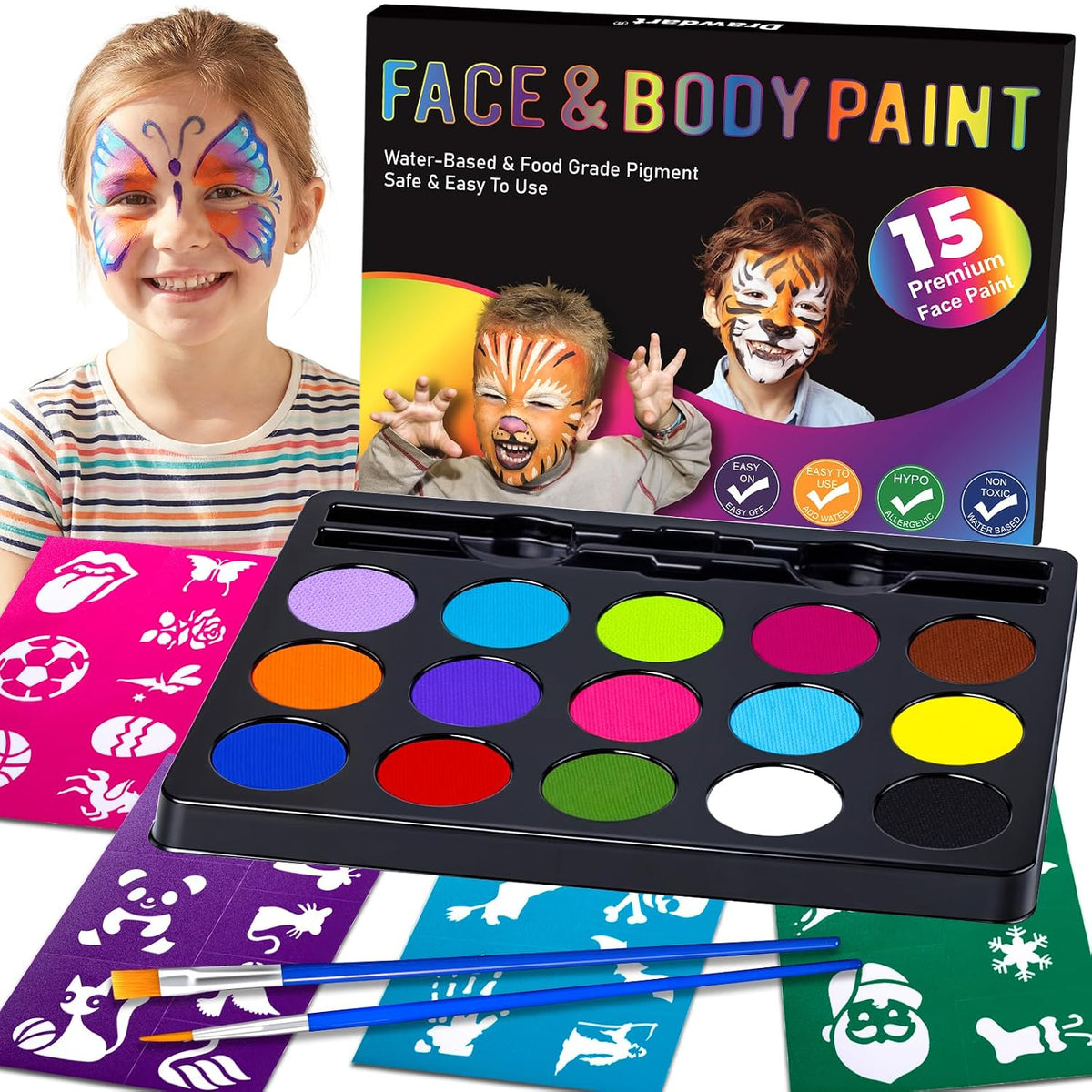 Drawdart Face Painting Kit for Kids - 15 Colors Non-Toxic Water Based Face Paint with Stencils & Brushes - Parties, Birthdays, Halloween Face Body Makeup Kit