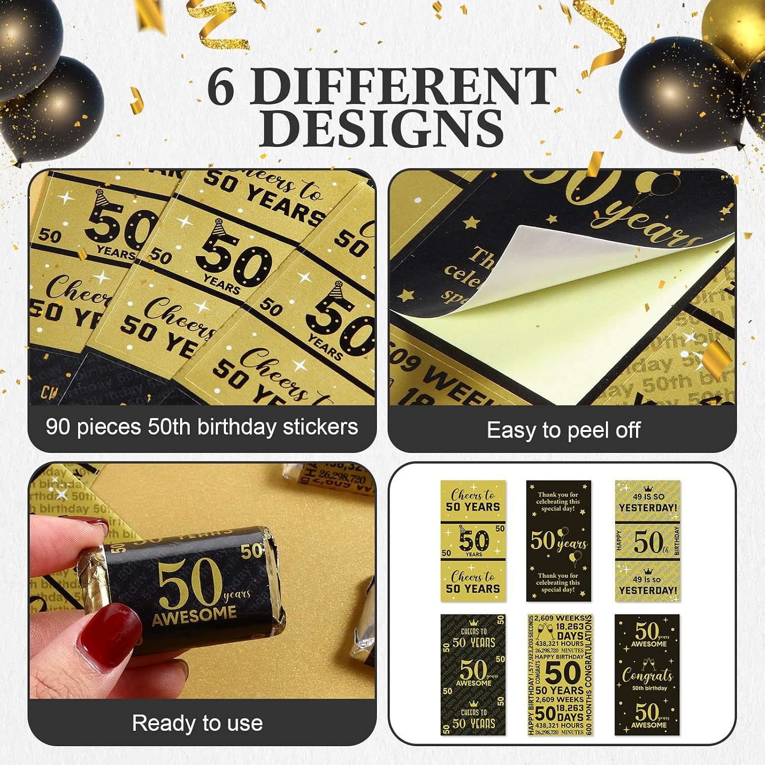 Tenare 90 Pcs 50th Birthday Candy Wrappers, Black and Gold Stickers