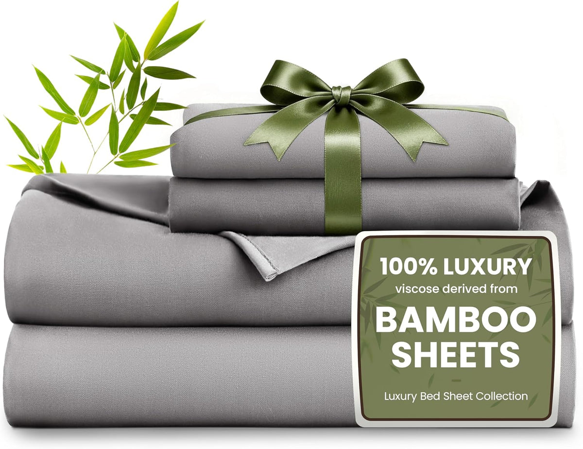 Love's cabin 4 Piece Full Size Sheet Set, 100% Rayon Derived from Bamboo, Cooling & Breathable, Soft Silky Deep Pocket up to 16", Hotel Luxury Bedding for Hot Sleepers, Grey