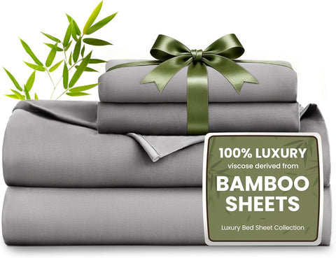 Love's cabin 4 Piece Full Size Sheet Set, 100% Rayon Derived from Bamboo, Cooling & Breathable, Soft Silky Deep Pocket up to 16", Hotel Luxury Bedding for Hot Sleepers, Grey