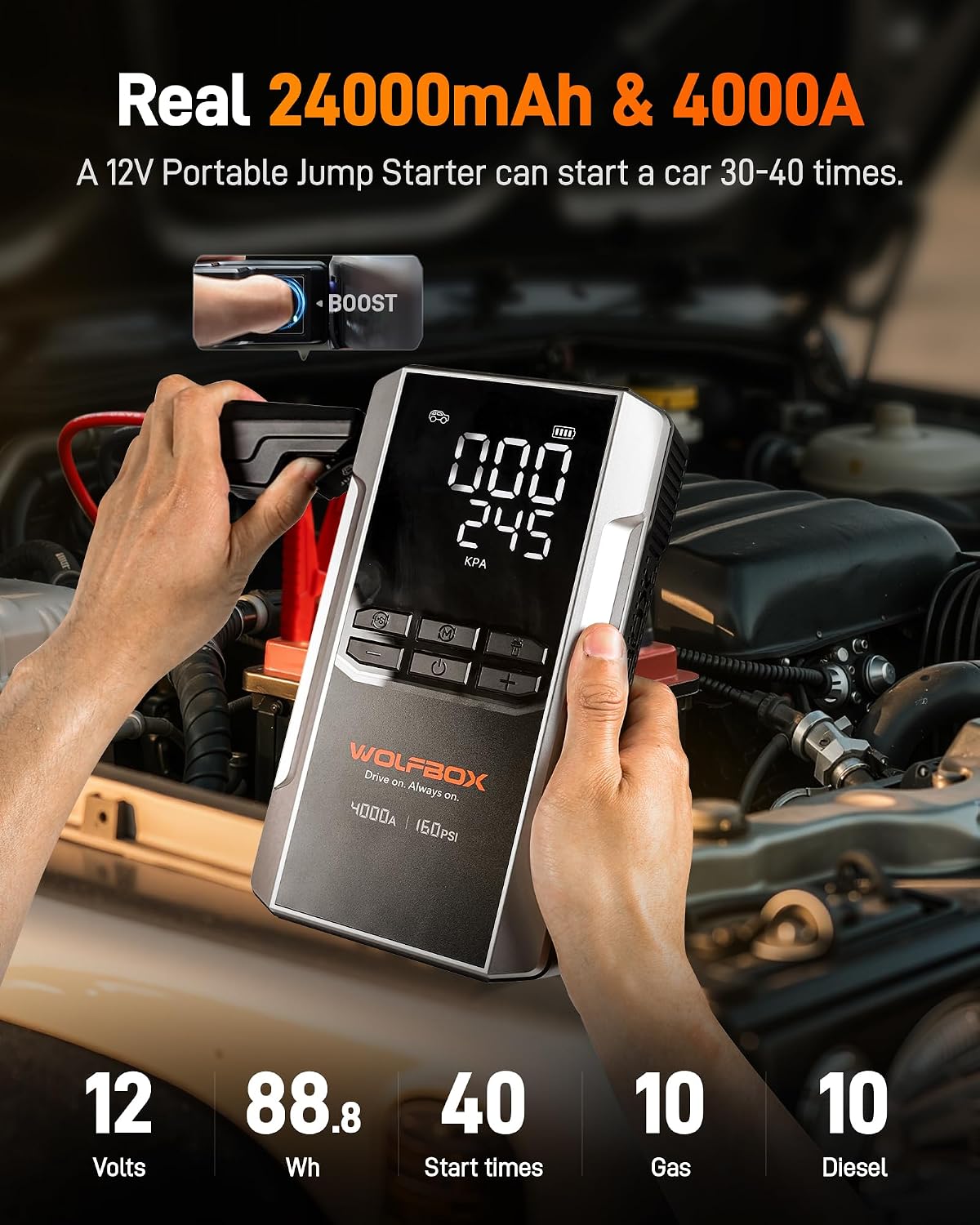 WOLFBOX MV24A 4000A Jump Starter with 160PSI Air Compressor, 12V Car Battery Booster, 88.8Wh Portable Jump Box (10L Gas/10L Diesel) with 65W Fast Charging, Tire Inflator, Jumper Cables, LED Light
