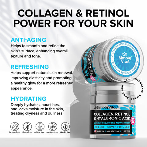 SimplyVital Collagen Face Moisturizer - Anti-Aging Retinol Cream for Face, Neck & Décolleté with Hyaluronic Acid - Made in USA, Daily Moisturizer Face Cream, 2-Pack