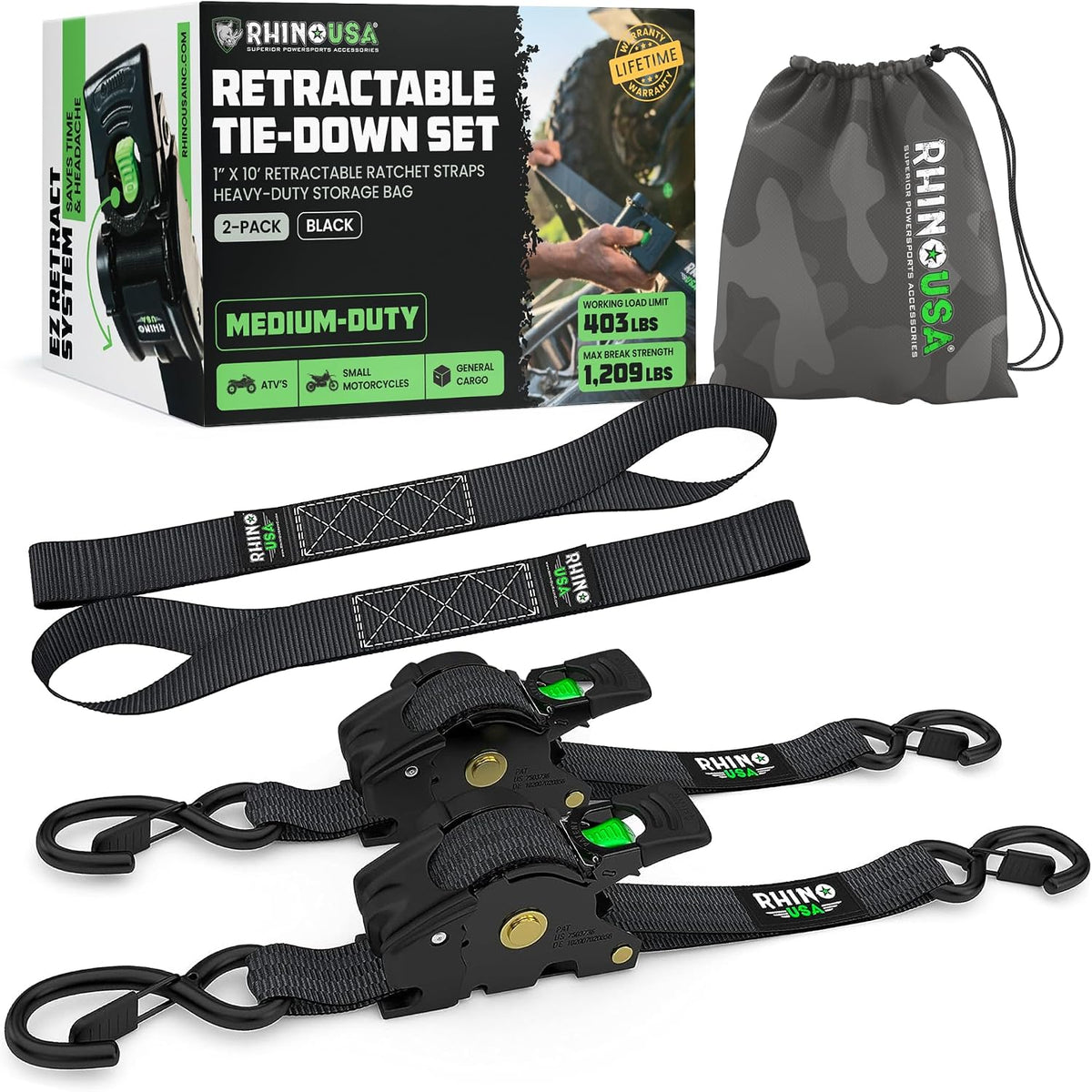 Rhino USA Retractable Ratchet Straps (2-Pack) - 1in x 10ft, 1,209lb, Black