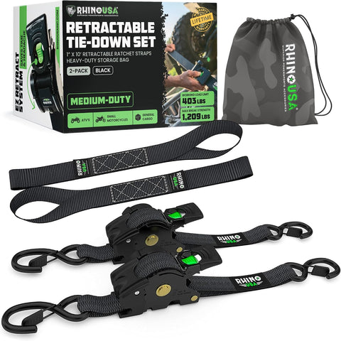 Rhino USA Retractable Ratchet Straps (2-Pack) - 1in x 10ft, 1,209lb, Black