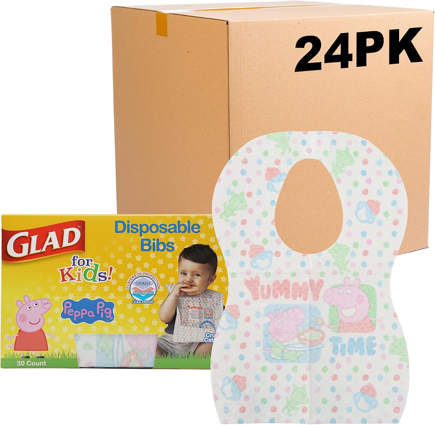 Glad for Kids Peppa Pig Paper Bibs - Cute Peppa Pig Design, Travel Bibs, 24 Pack