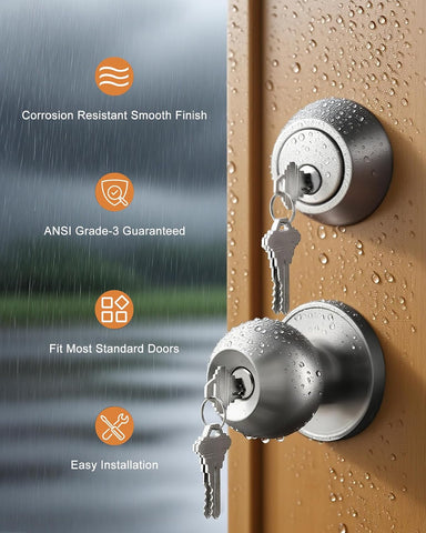Probrico 6 Pack Exterior Door Knob and Single Cylinder Deadbolt Lock Combo Set, Brushed Nickel Front Door Handle with Lock and Key, Keyed Alike