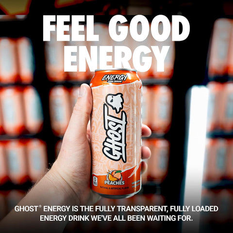 GHOST Energy Drink, Zero Sugars, 12-Pack, Peaches - 200MG Caffeine, 16oz
