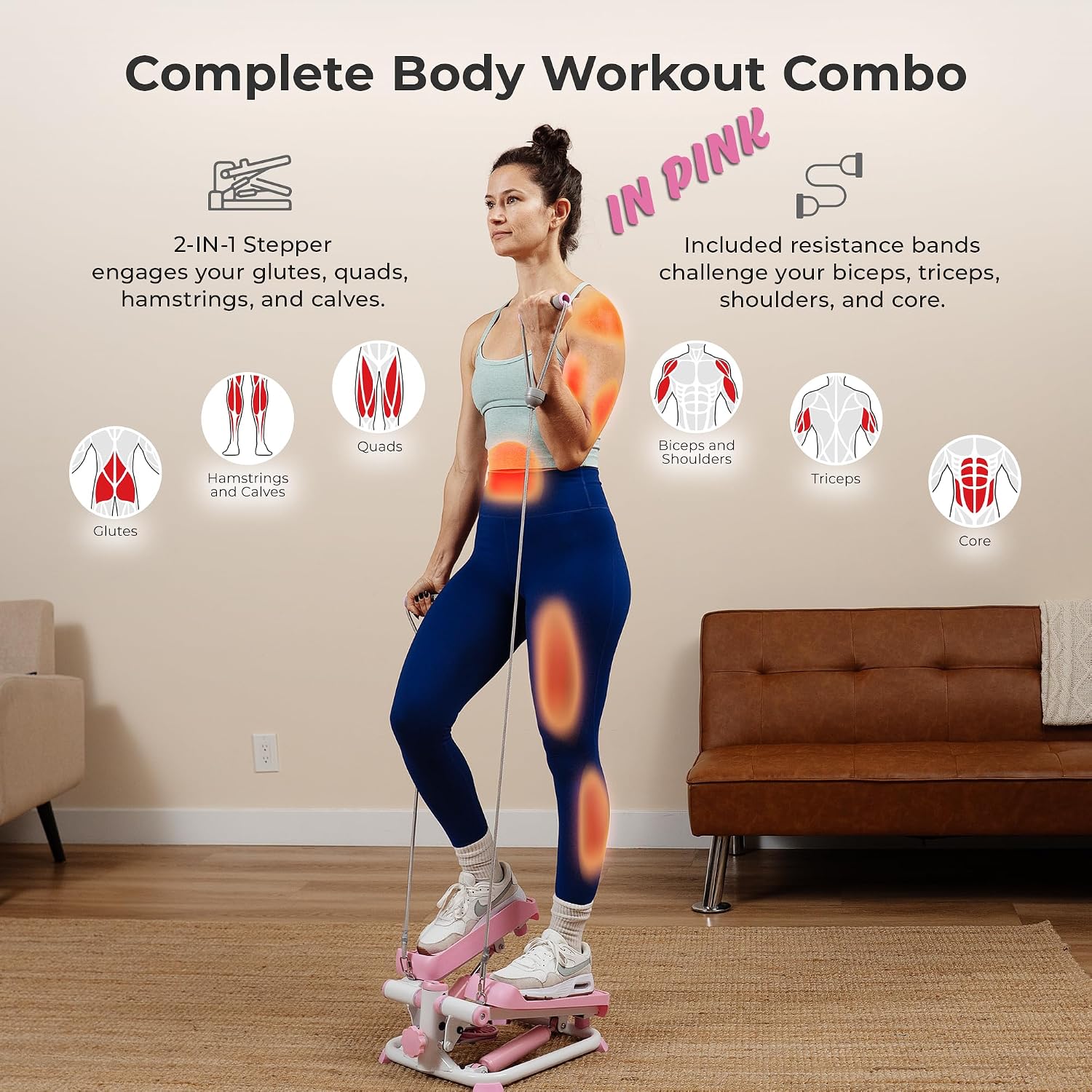 Sunny Health & Fitness Mini Stair Stepper w/Resistance Bands for Home Gym