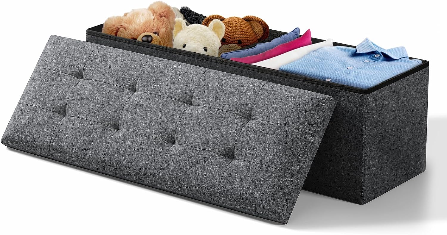 Storage Ottoman Bench, 43 Inch Ottoman Foot Rest, End of Bed Bench, Storage Chest for Living Room, Bedroom, Entryway, Gray