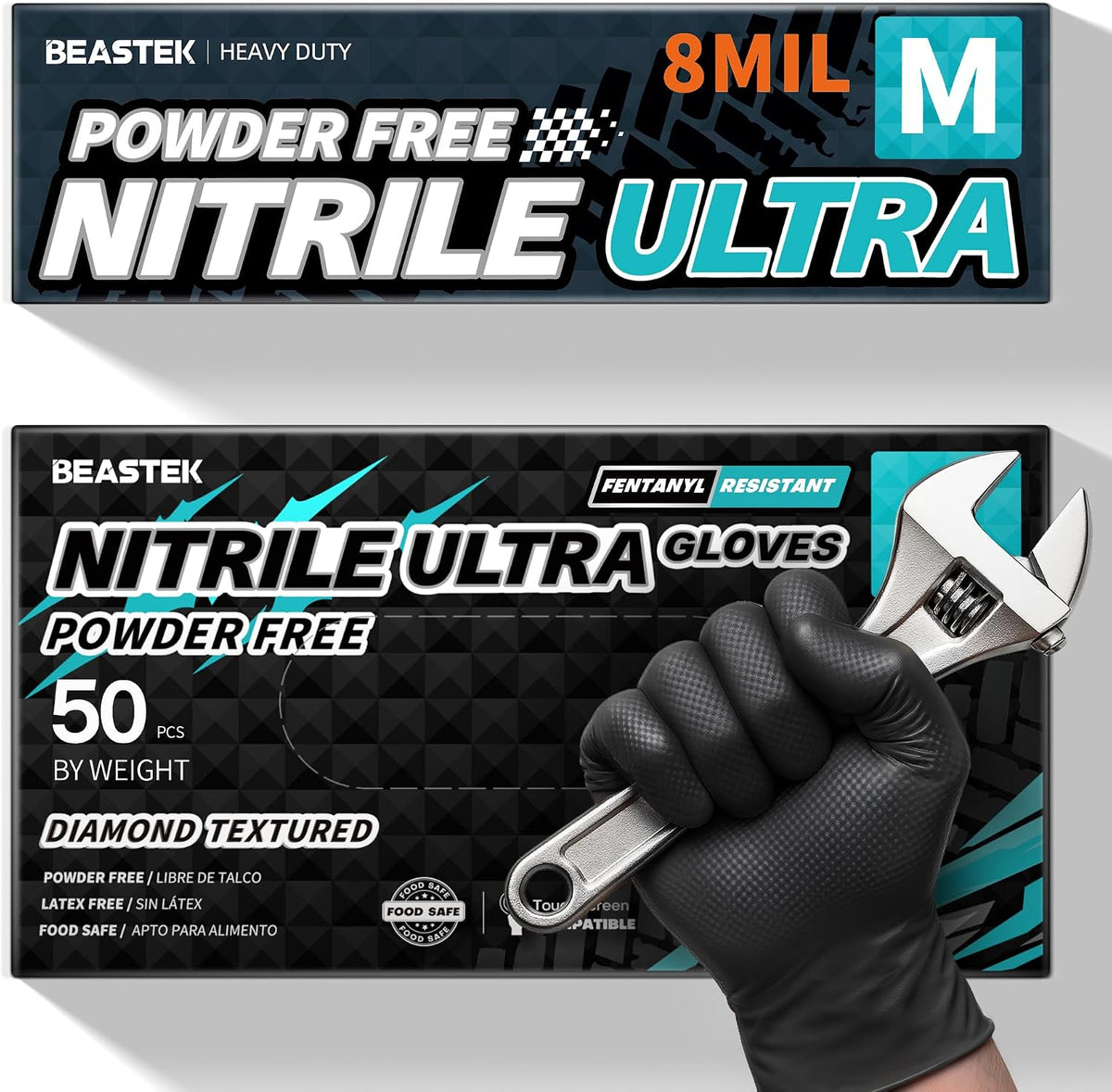 BEASTEK Nitrile Disposable Gloves, 8Mil Latex & Powder Free Chemical Resistant Heavy Duty Food Safe Diamond Glove Black 50Pcs