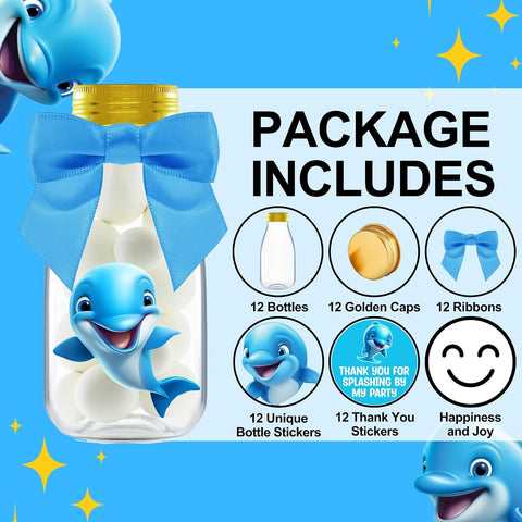 Ethisa Small 12 Pack Dolphin Party Favors - DIY Candy Jars with Ribbons and Stickers - Party Decoration Bottles for Birthday, School Classroom, and Baby Shower - Dolphin Table Centerpiece for Kids