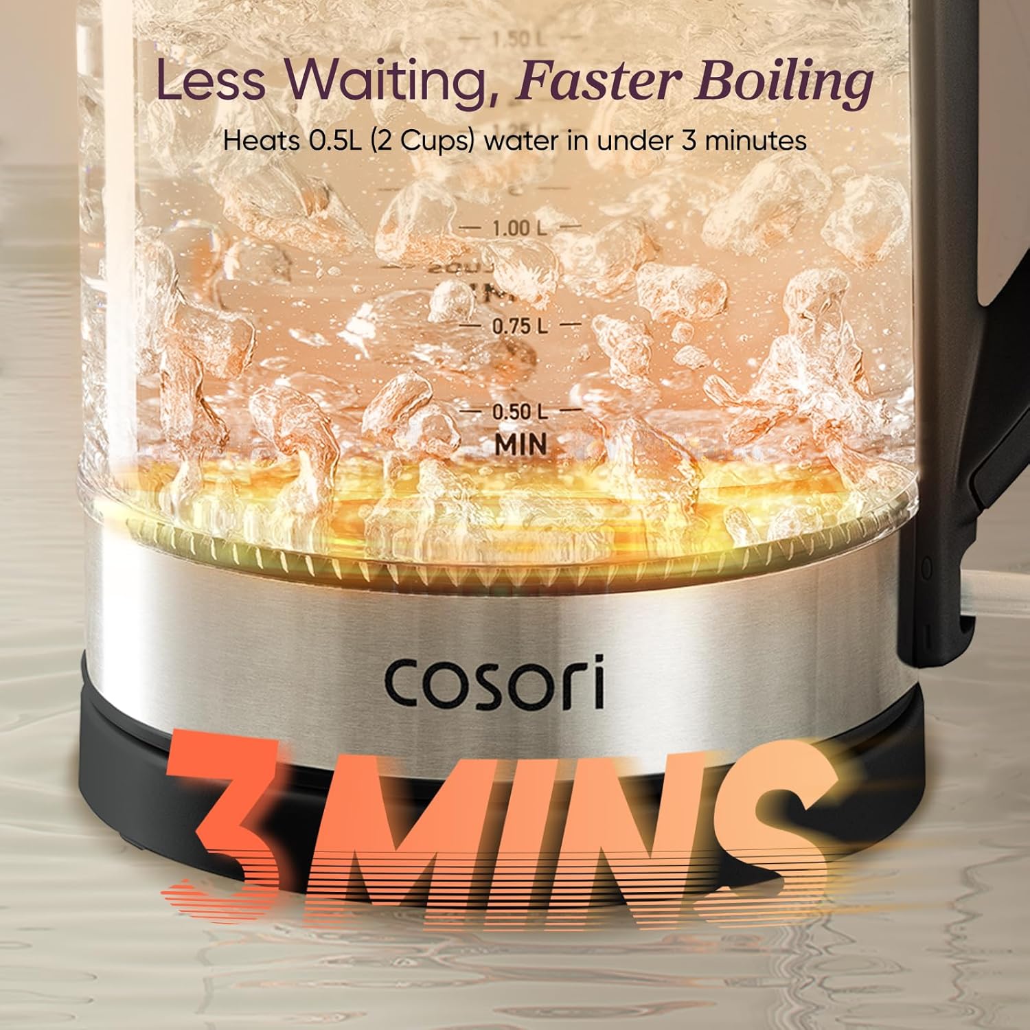 Cosori Electric Kettle, No Plastic Contact with Water, 1.7L, Black