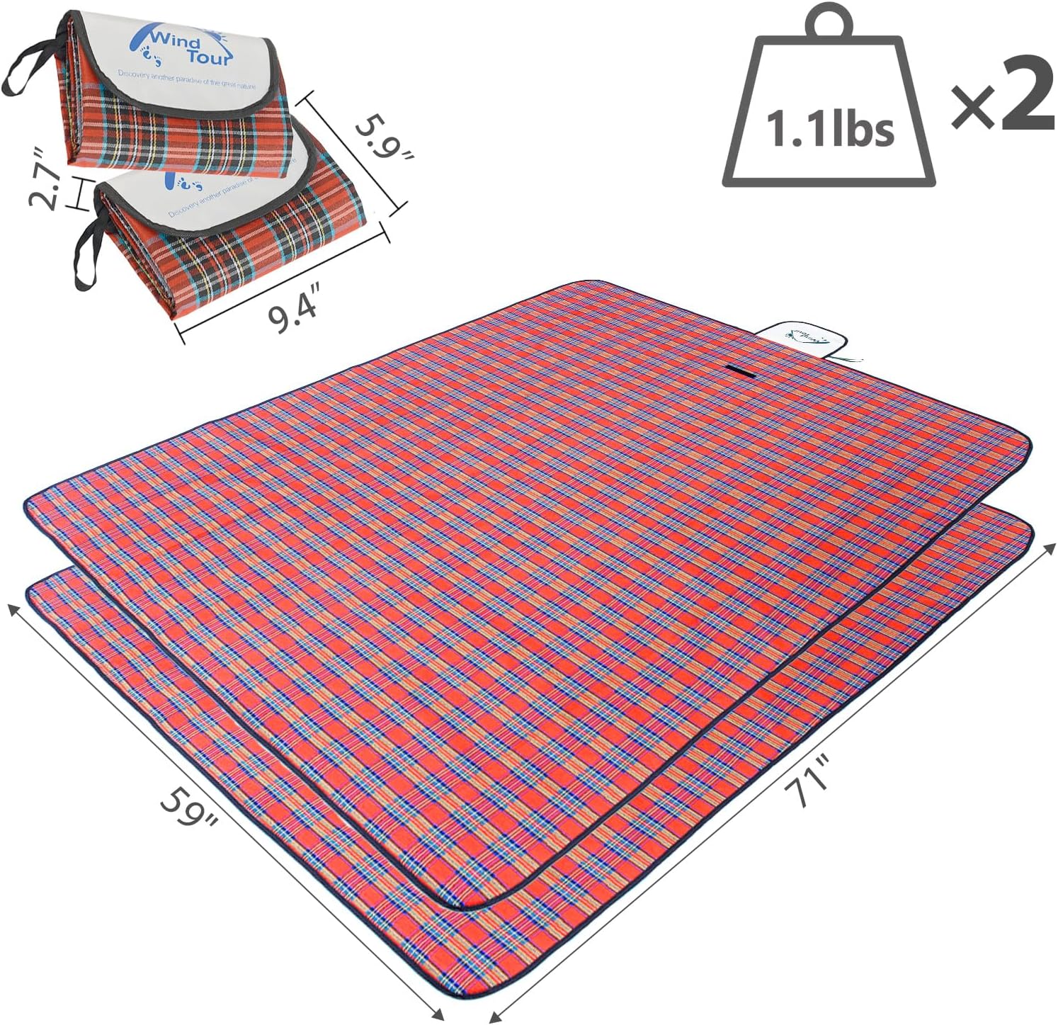 Wind Tour Waterproof Picnic Blanket with Carry Strap - Foldable Sandproof Outdoor Mat for Camping, Beach, Park - 59" x 71",Red (Two Mat Set)