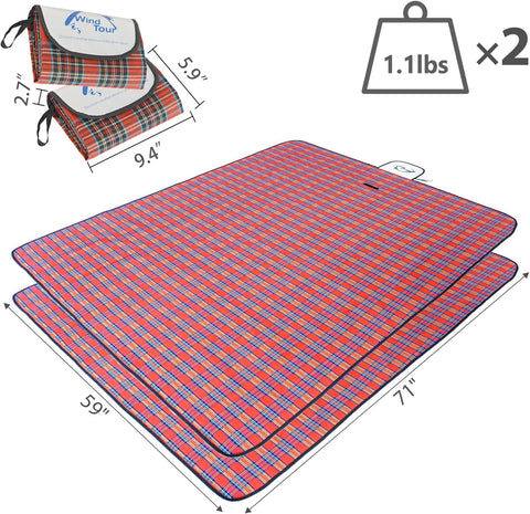Wind Tour Waterproof Picnic Blanket with Carry Strap - Foldable Sandproof Outdoor Mat for Camping, Beach, Park - 59" x 71",Red (Two Mat Set)