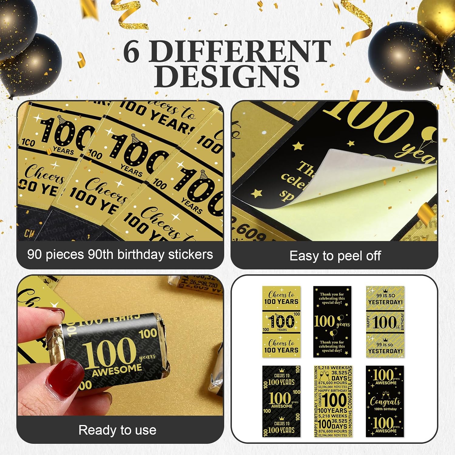 Tenare 90 Pcs 100th Birthday Candy Wrappers, Black and Gold Stickers