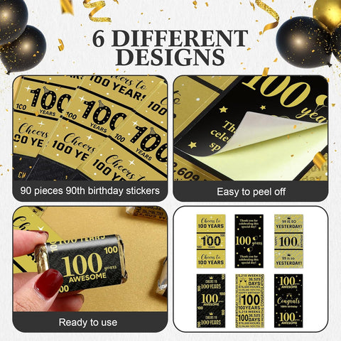 Tenare 90 Pcs 100th Birthday Candy Wrappers, Black and Gold Stickers