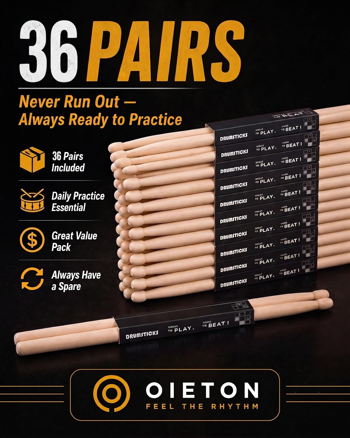 5A Drum Sticks Bulk 36 Pairs, Maple Wood Drumsticks for Beginners