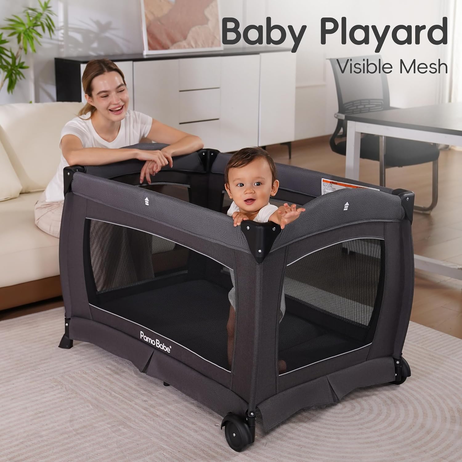 Pamo Babe Pack and Play 4-in-1 Baby Playard with Bassinet & Changing Table, Foldable Portable Playpen with Mattress, Travel Crib for Newborn to Toddler 0-36M-Black