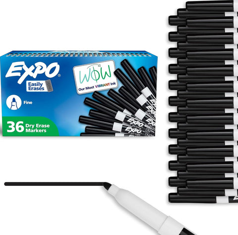 EXPO Dry Erase Markers, Low Odor Ink, Black, Fine Tip, 36 Count - Easily Erases, Ideal for Classroom, Home, Office, Back to School, Teacher Supplies, Pack of 6