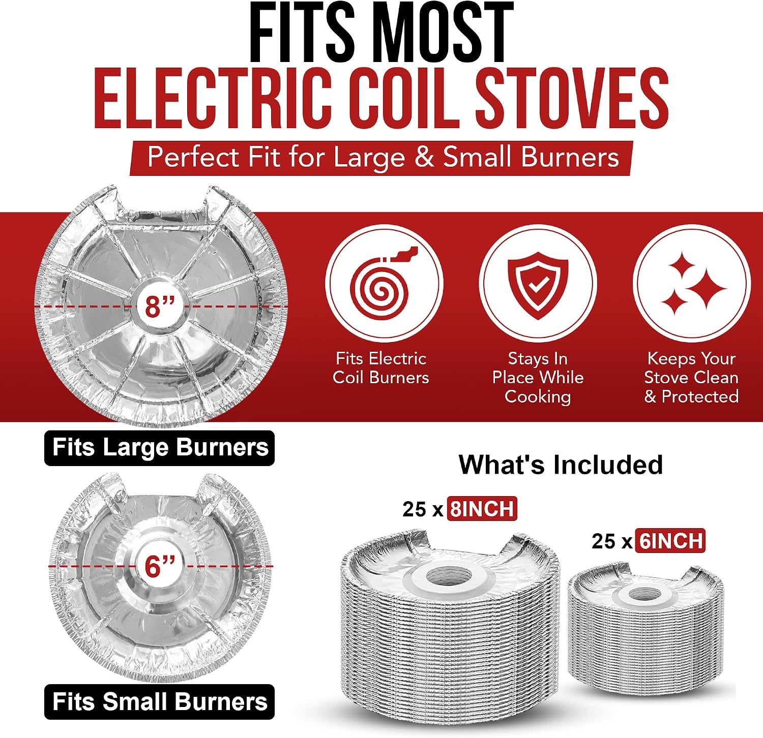Aluminum Electric Stove Burner Covers (50 Pack) Round Heavy Duty Disposable Stove Burner Liners (6 & 8 Inch) Stove Eye Covers, Stove Top Covers for Electric Stove Burner Covers for Electric Stove