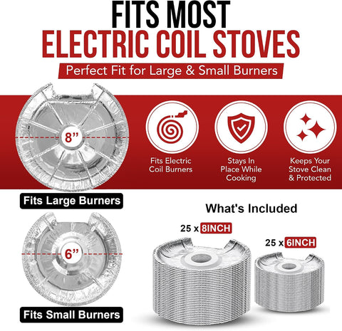 Aluminum Electric Stove Burner Covers (50 Pack) Round Heavy Duty Disposable Stove Burner Liners (6 & 8 Inch) Stove Eye Covers, Stove Top Covers for Electric Stove Burner Covers for Electric Stove