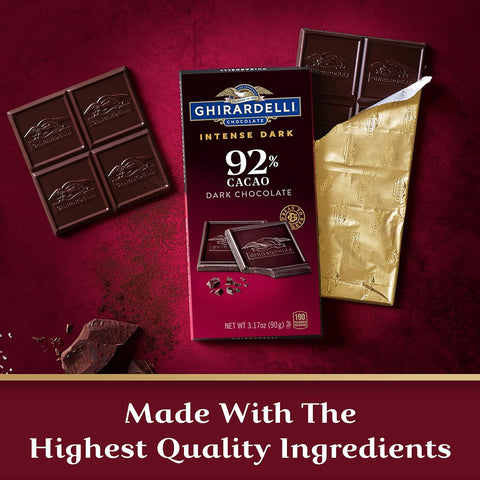 GHIRARDELLI Intense Dark Chocolate Bar, 92% Cacao Holiday Chocolate for Holiday Gifts and Stocking Stuffers, 3.17 Oz Bar (Pack of 12)