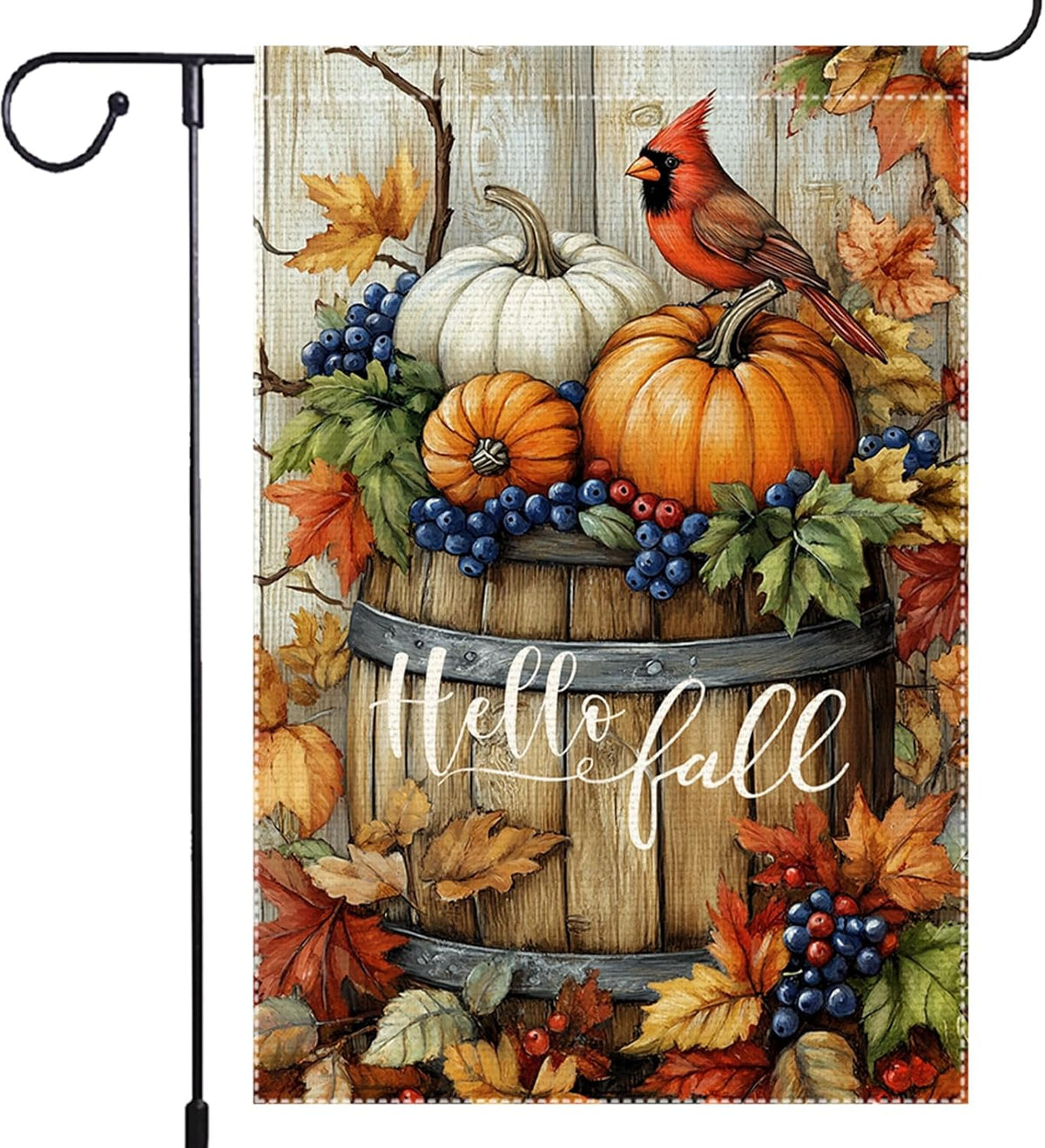 Welcome Fall Cardinal Garden Flag, Autumn Pumpkin Harvest Wooden Barrel Outdoor For Decor, 12x18 Inch Double Sided Burlap Maple Leaf Farmhouse Home Decor Yard Party Thanksgiving Decoration