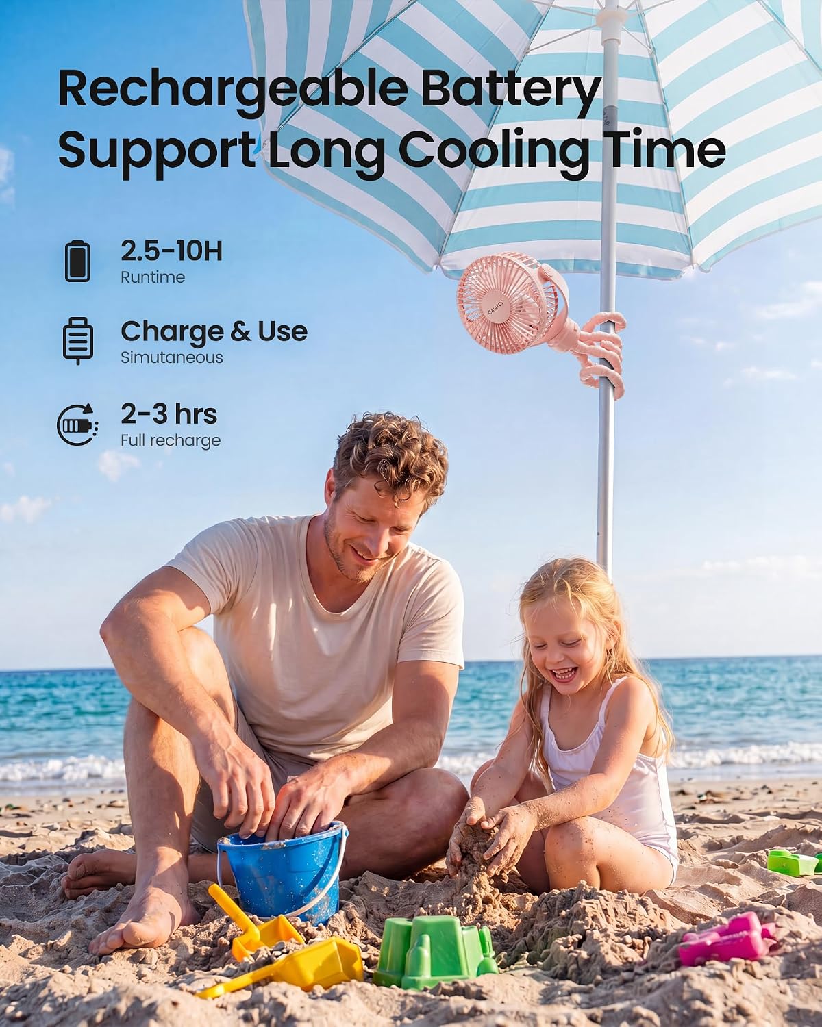 Gaiatop Mini Portable Stroller Fan, Battery Operated Small Clip on Fan, Detachable 3 Speed Rechargeable 360° Rotate Flexible Tripod Handheld Desk Cooling Fan for Car Seat Crib Treadmill Travel Pink