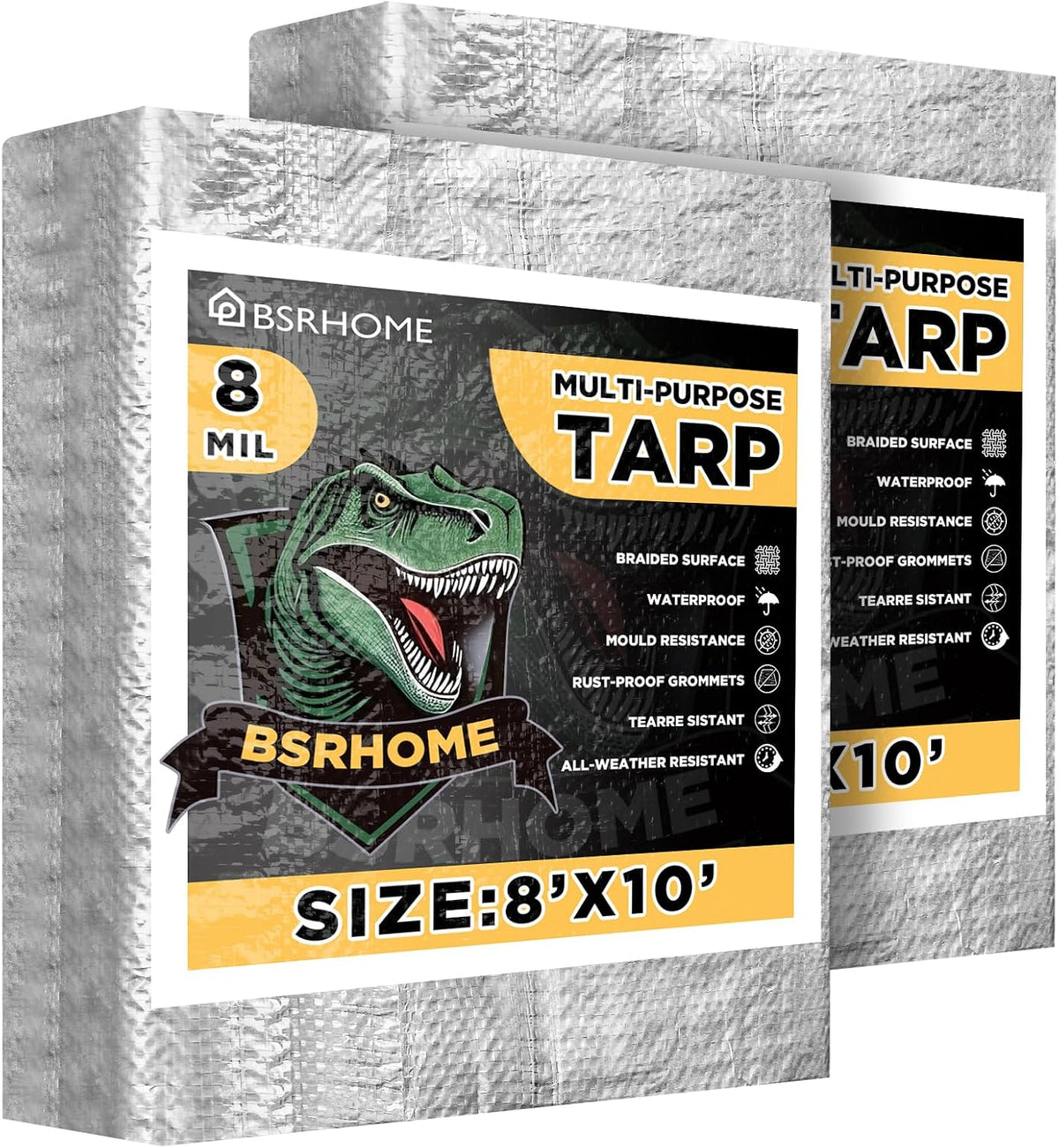 Tarps Waterproof 8x10 Feet, 2 Pack Heavy Duty Silver Tarp Cover 8 Mil Thick, Resistant Plastic Tarpaulin with Metal Grommets, Outdoor Tent Cover for Emergency Rain