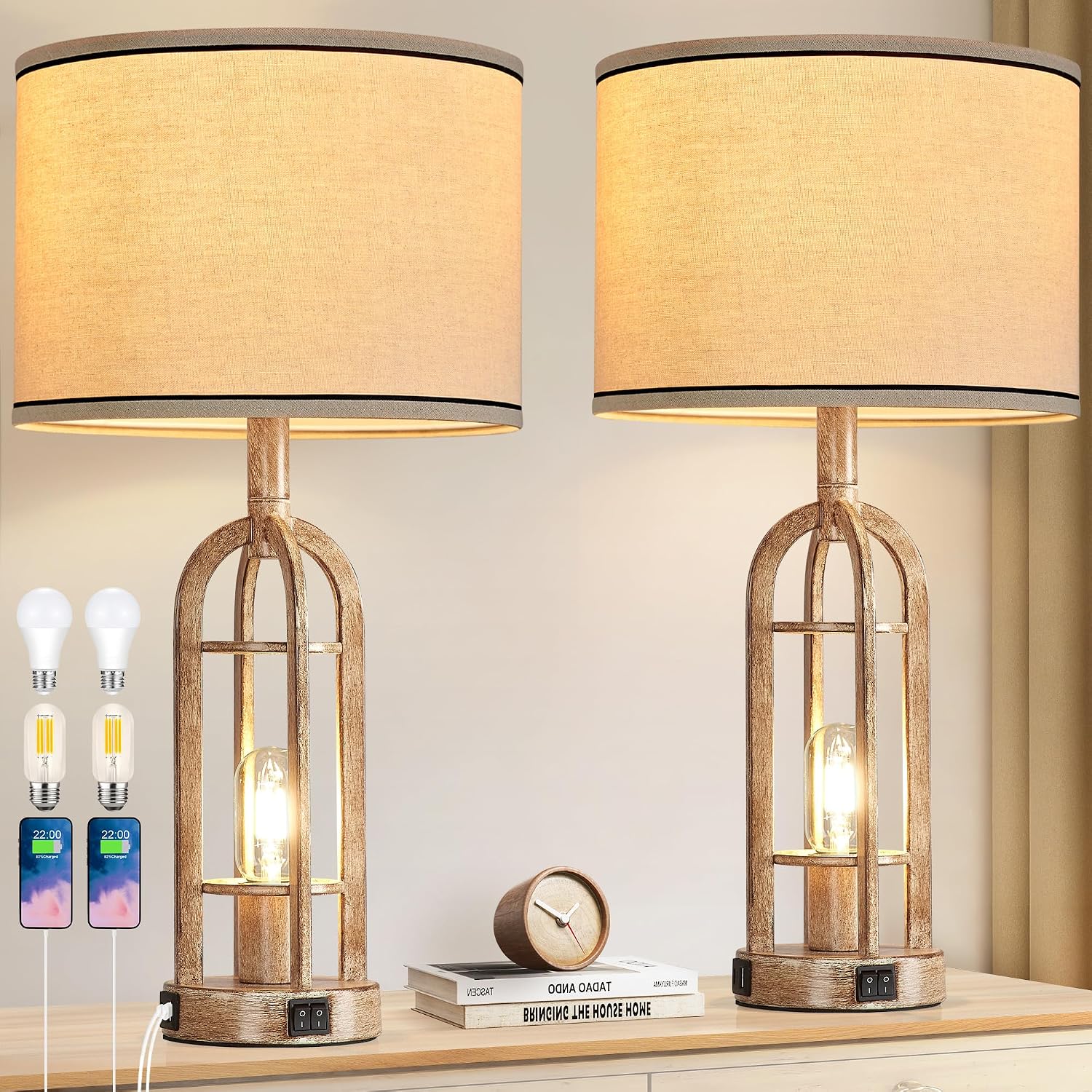 SRJJA 24" Farmhouse Table Lamps for Living Room Bedroom Set of 2, USB A+C