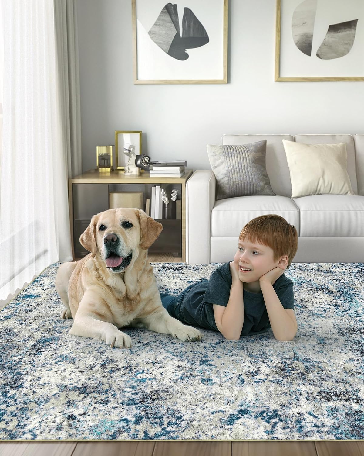 Washable Area Rug for Living Room: 9x12 Modern Abstract Neutral Soft Rug for Bedroom Dining Room No Slip Low Pile Carpet for Nursery Home Office - Grey/Blue