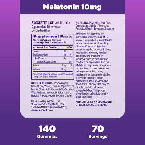 Natrol Melatonin Gummies, Sleep Support for Adults, 10 mg Melatonin Supplement for Sleeping, 140 Strawberry-Flavored Gummies, Up to a 70 Day Supply