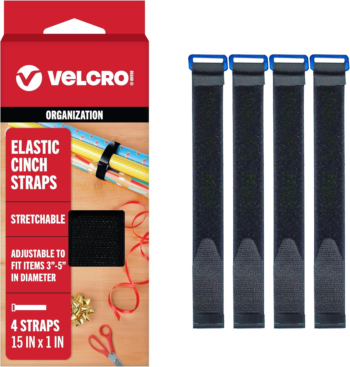 VELCRO Brand Elastic Cinch Straps with Buckle, 15in x 1in, Black, 4 Pack