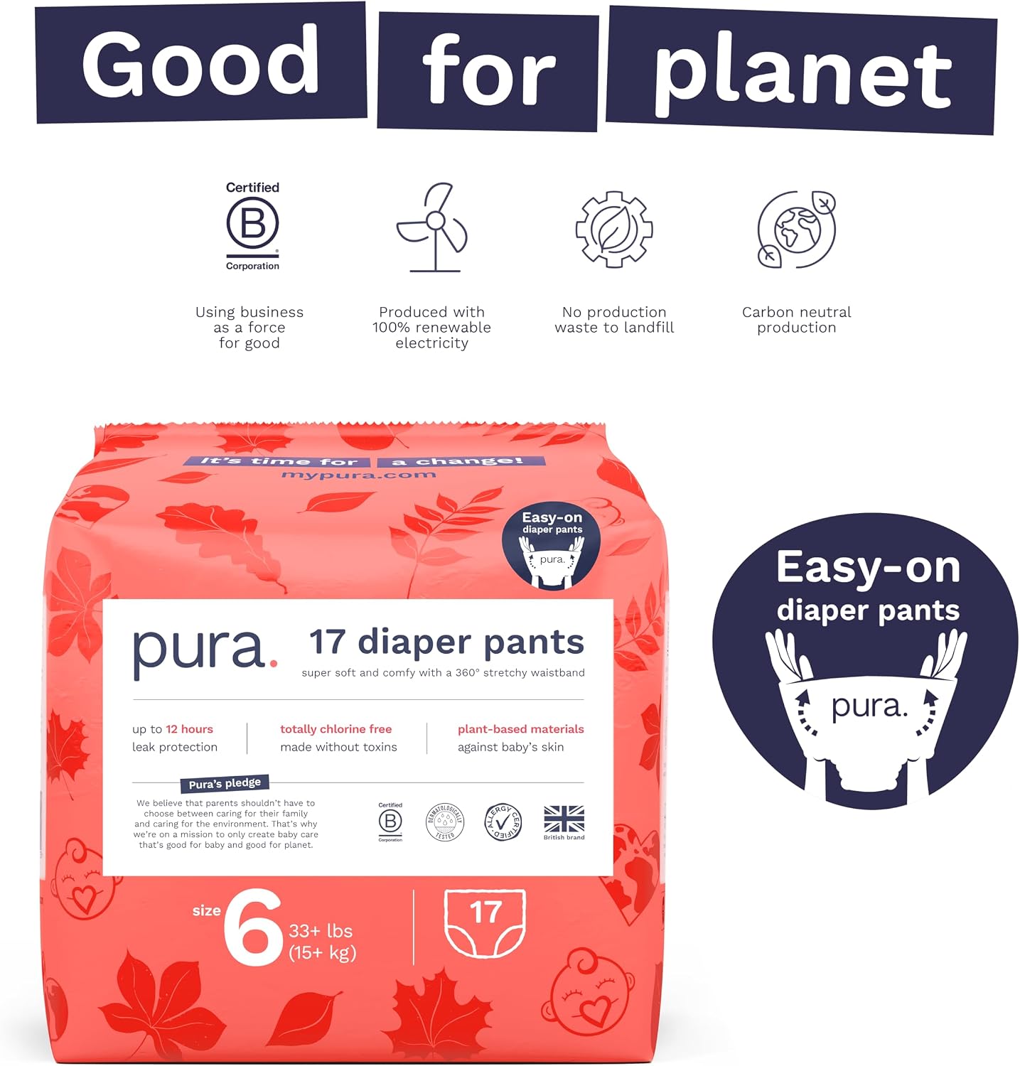 Pura Hypoallergenic Diaper Pants Size 6 (33+ lbs) Overnight, up to 12 Hours Leak Protection, Suitable for Sensitive Skin, Totally Chlorine Free, Soft Organic Cotton, 1 Pack of 17 Pull Up Pants