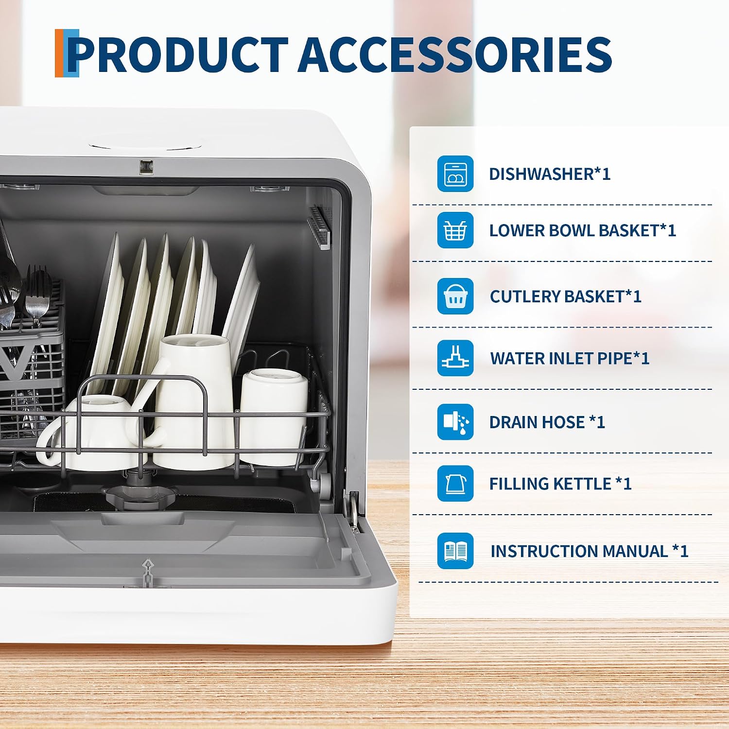 Portable Countertop Dishwasher – No Installation Needed, 2 in-1s Self-Priming & Dual Water Inlet Modes, 72℃ Hot Air Drying, Compact for Home, Apartment, RV Use with Large Display