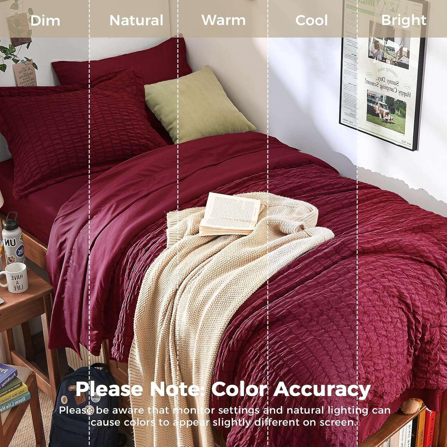 HYMOKEGE Burgundy Twin XL Comforter Set Seersucker 5 Pieces, All Season Luxury Bed in a Bag for Bedroom, Bedding Set with Comforter, Sheets, Pillowcase & Sham