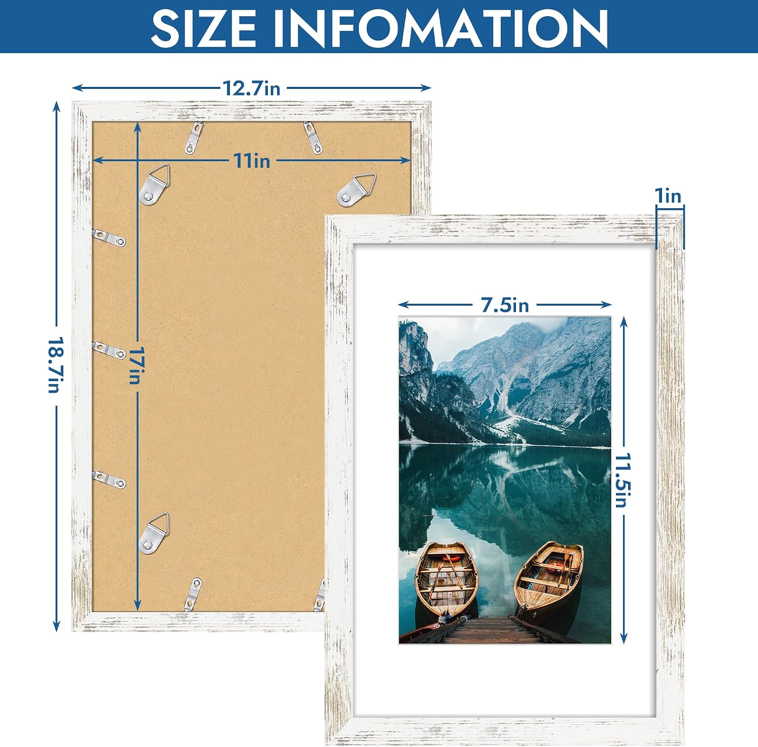 Hongkee 11x17 Picture Frame Set of 4, 11x17 Distressed White Wood, Mat 8x12