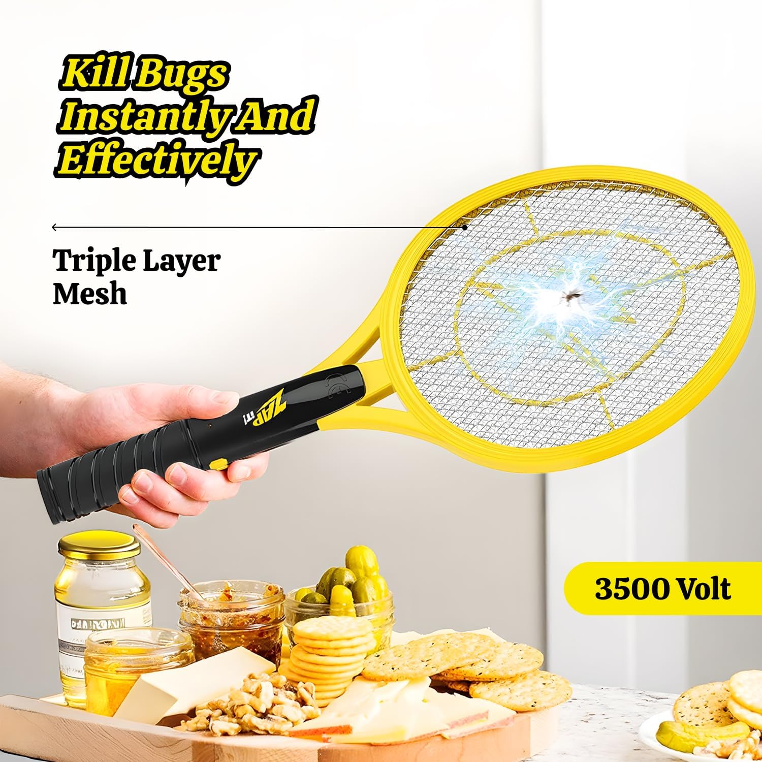 ZAP IT! Battery Powered Fly Swatter Racket - 3,500-Volt Mosquito Zapper with 2 AA Batteries Included and LED Light -Medium- Safe 3-Layer Mesh, Dark Yellow, Bug Zapper Racquet for Indoors and Outdoors